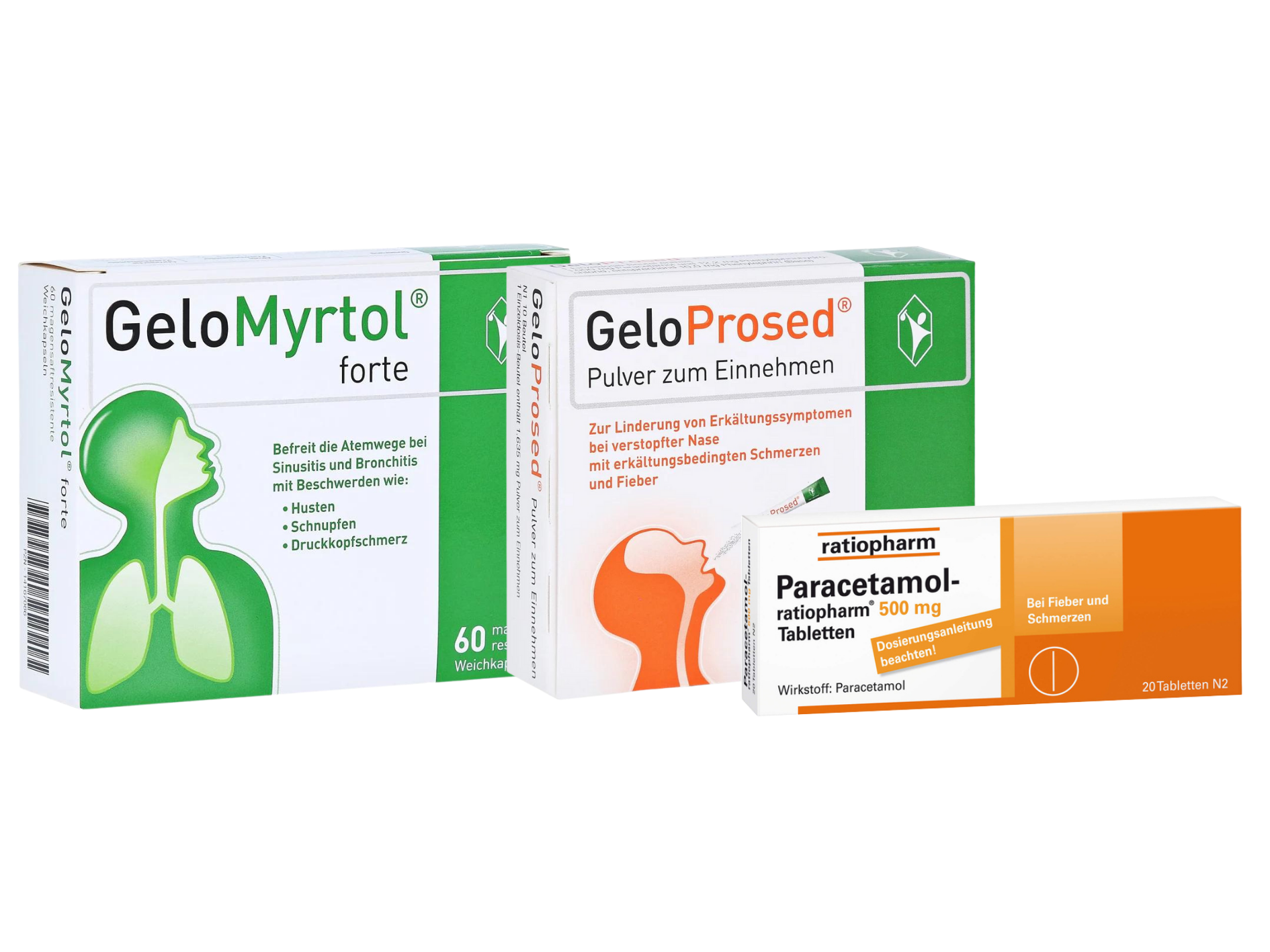 Sparset Erkältung - GELOMYRTOL forte 60 St + GELOPROSED Pulver 10 St + PARACETAMOL-ratiopharm 500 mg 20 St